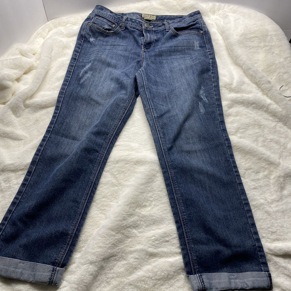 Earl Jean Women’s 12 Distressed Straight Leg Jeans Blue Denim Cuffed Inseam 26"